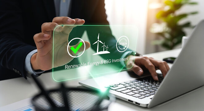 Man using laptop with renewable energy esg investment interface and green checkmark and windmills graphic on transparent background