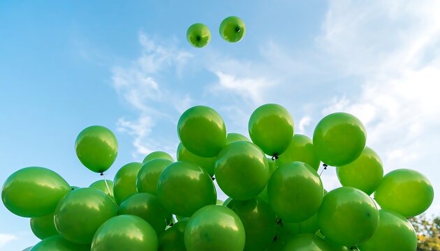 Many bright green balloons released into a partly cloudy blue sky - Powered by Adobe