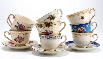 Stacked teacups and saucers, vintage floral design