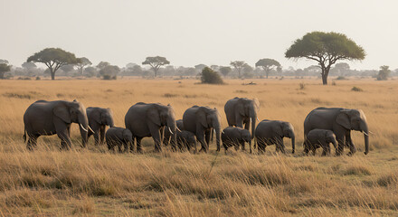Obraz premium An impressive herd of majestic elephants traverses the expansive African savanna, their forms silhouetted against the backdrop of the vast wilderness.