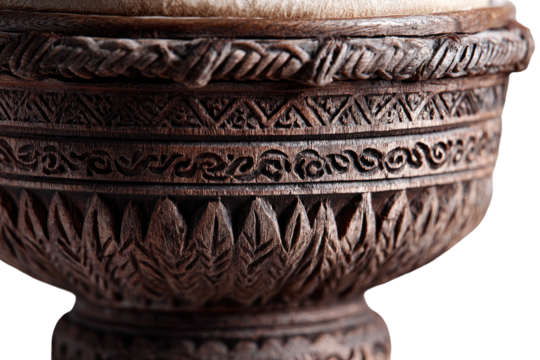 Close-up of intricately carved wooden drum