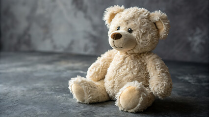 Fluffy Beige Teddy Bear Sitting On A Textured Surface stuffed animal plush