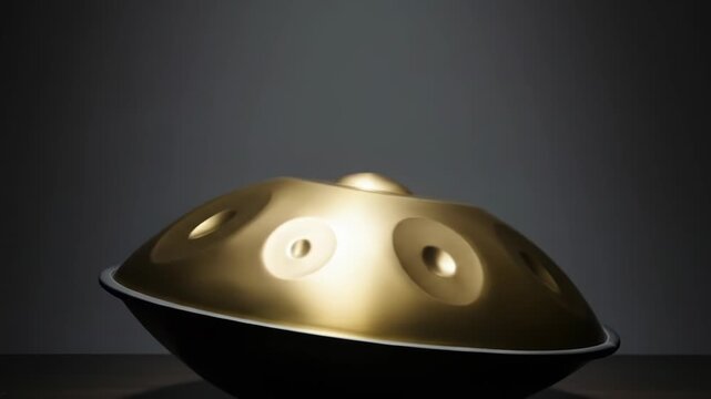Golden handpan drum rotating on a dark background. Close-up of the metallic surface with reflective tones and smooth curves. Ideal for music, meditation, or artistic concepts.