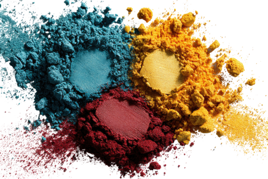 Close-up view of vibrant colored powders scattered and layered, showcasing a mix of teal, orange-yellow, and maroon hues against a black background.  Powders appear textured and slightly glossy