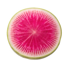 a Watermelon radish slice, showcasing vibrant pink flesh with radial white streaks, isolated on a transparent background
