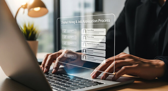 Person typing on laptop with digital hiring job application process interface overlayed on the screen on transparent background
