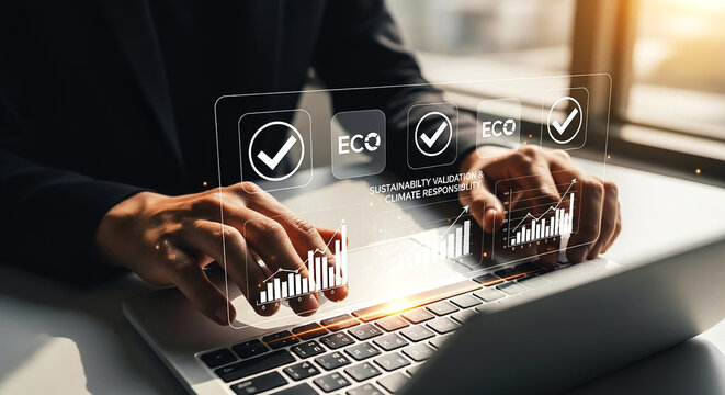 Person using laptop with eco validation and climate responsibility interface overlaying the screen view on transparent background