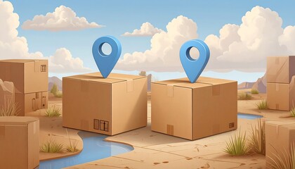Two cardboard boxes, each with a blue location marker, sit in a desert landscape, suggesting shipping or logistics.