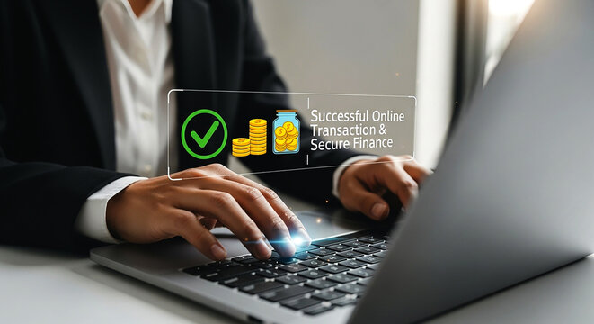 Person using laptop with online transaction and secure finance graphic overlay for business success on transparent background - Powered by Adobe