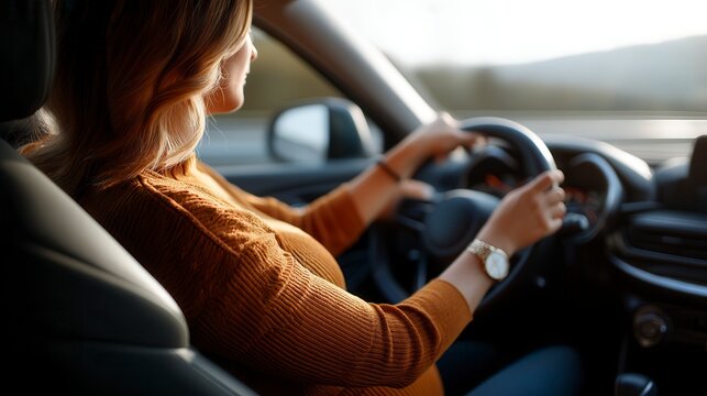 Confident young woman in orange sweater driving car with both hands on steering wheel, wearing wristwatch during sunset journey in automotive interior
