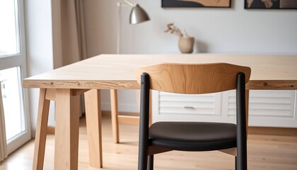 Modern wooden table and chair in a bright room