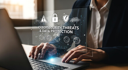 Person typing on laptop with cybersecurity threats and data protection overlay on transparent screen on transparent background