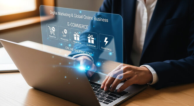 Person using laptop with digital marketing and global online business interface overlayed on screen on transparent background