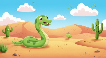 Fototapeta premium Cute cartoon snake in desert landscape