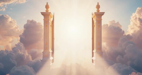 Ornate golden gates swinging open above clouds, triggered by light, with sunbeams marble pillars - Powered by Adobe