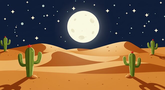 Desert landscape at night under full moon