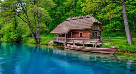 Obraz premium Tranquil lakeside cabin with thatched roof, wooden boat, and lush green foliage reflecting in crystal-clear water.