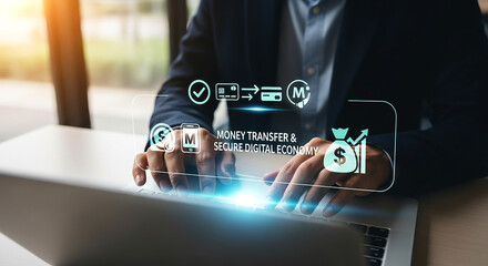 Person using laptop with digital money transfer and secure economy overlay graphic on the screen on transparent background