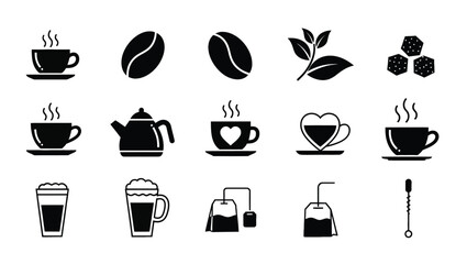 A set of black and white icons representing various coffee and tea related items and beverages.