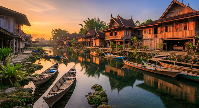Sunrise over a tranquil canal village with traditional wooden houses and boats.