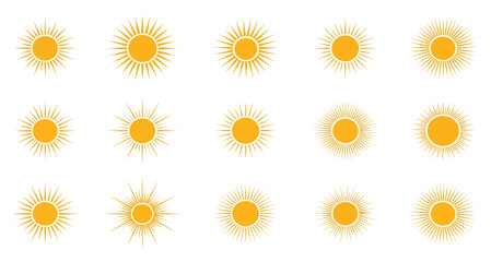 Collection of sun icons with rays, representing light, energy, and warmth.