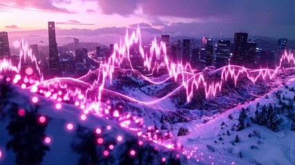 Futuristic Cityscape with Glowing Data Visualization on Snowy Mountains - Powered by Adobe