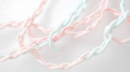 abstract background of multicolored curvy chains design on white fabric.