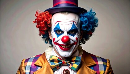 A sinister clown with vibrant makeup and a menacing expression gazes directly at the viewer.
