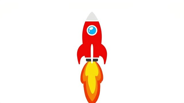 Dynamic 2D Animation of a Red Cartoon Rocket Ship Launching Upwards on a White Background