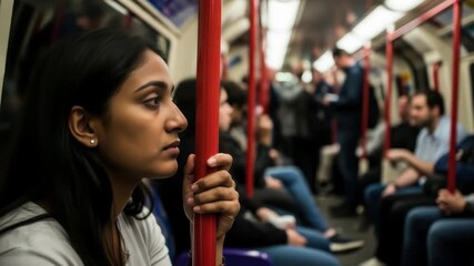 young indian woman holds onto red pole in crowded subway train, gazing thoughtfully ahead. urban life, daily commutes, and public transport. city living, travel, transportation - Powered by Adobe