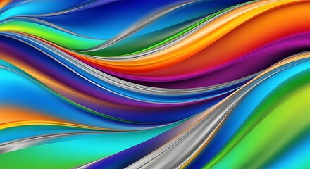 Colorful abstract flowing waves with metallic silver accents and vibrant gradient motion
