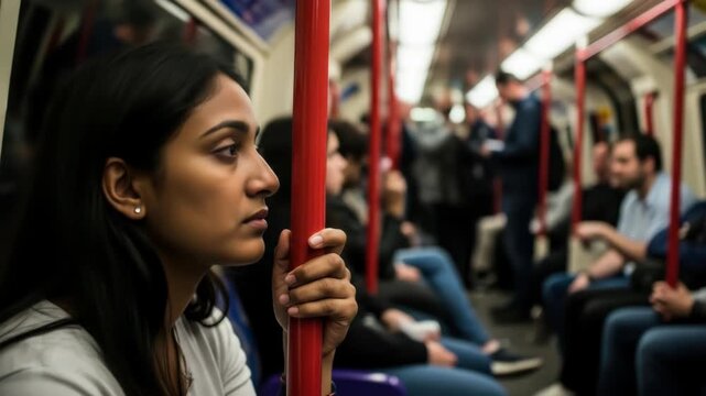 young indian woman holds onto red pole in crowded subway train, gazing thoughtfully ahead. urban life, daily commutes, and public transport. city living, travel, transportation