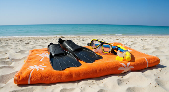 Snorkeling gear on an orange towel by the beach with ocean view