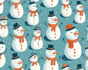 Playful snowmen wearing hats and scarves with falling snow during winter holidays