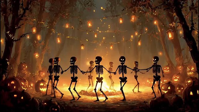 Skeletons Dancing Around Bonfire &ndash; Spooky Halloween Night in Haunted Forest 4K

