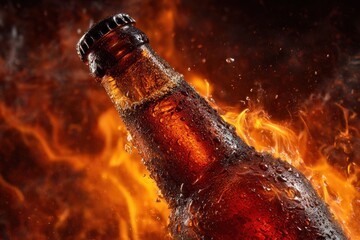 Cold beer bottle with flames and water droplets highlighting its freshness