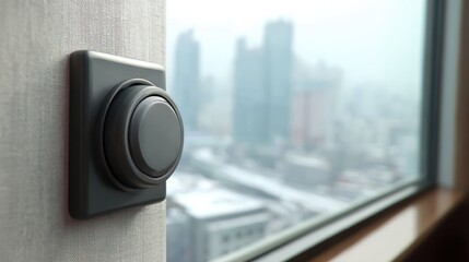 Medium shot focusing on a digital privacy signal toggle switch on a smartphone blurred cityscape visible through a window behind.