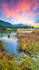 Amazing view of Wagenbruchsee (Geroldsee) lake with  Wetterstein mountain range on background.