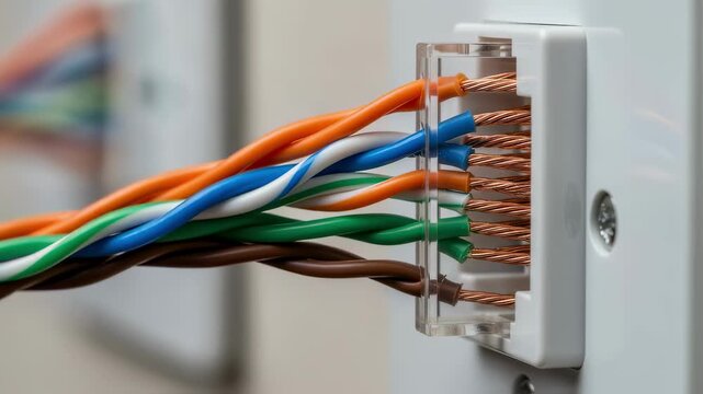 Side profile of an Ethernet keystone jack wired inwall showcasing organized twisted pairs punched down for optimal data flow.