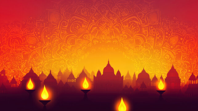 Festive Vijaya Dashami illustration with temples in silhouette, glowing lamps and vibrant orange red mandala background. Perfect for banners, posters, invitations, and festive decor.