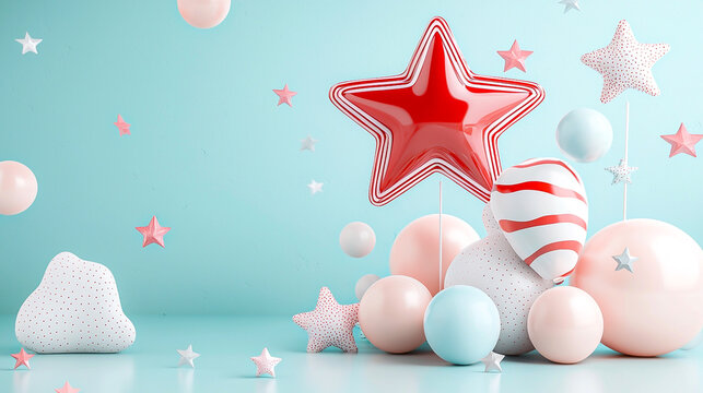 Playful Arrangement of Colorful Balloons and Decorative Stars Against a Soft Blue Background - Powered by Adobe