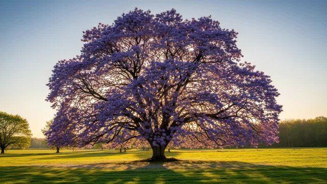 Majestic jacaranda tree at sunrise casting golden rays across a serene summer meadow