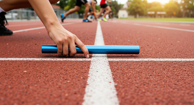 Athlete placing a blue relay baton on the starting line of track  