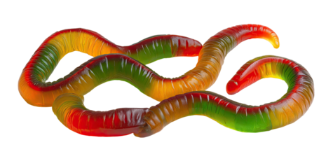 Two colorful gummy worms, intertwined and coiled