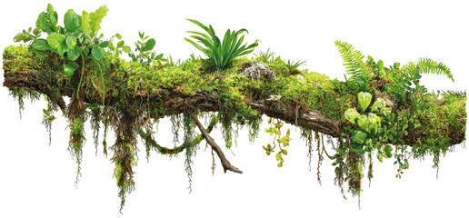 Lush, hanging moss and ferns on a decaying log