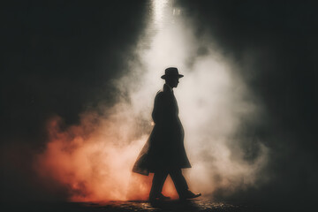 Mysterious man in trench coat and fedora walks through foggy alley under dramatic lighting, evoking a classic film noir atmosphere filled with suspense and intrigue.
