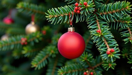 A single red Christmas bauble hangs on a lush green fir tree branch, glossy, fir