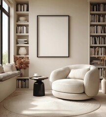 A modern, minimalist living room with a neutral color palette, featuring a comfortable swivel armchair, a coffee table, and ample shelving.