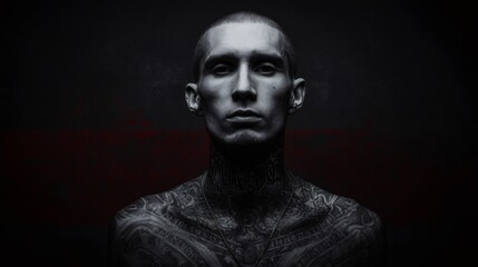 Man with tattoos in dramatic low-key portrait. Moody artistic photography concept. Dark background with red accent. Mysterious and edgy male model image for album cover or book