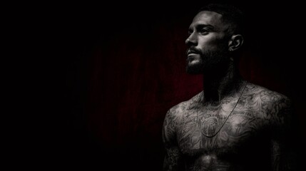 African american man with tattoos on dark background. Dramatic low key portrait. Muscular torso. Mysterious and intense mood. Concept of strength and masculinity.